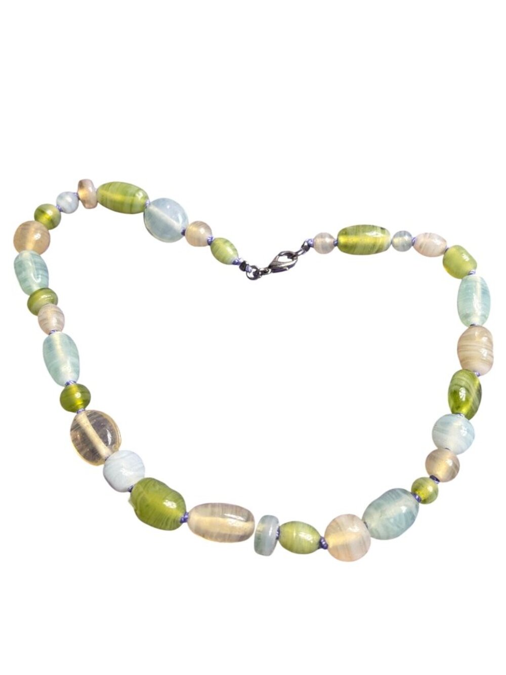 Art Glass Beaded Necklace Knotted Green Blue Beige Silvertone Lobster Clasp